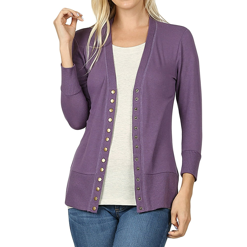 TheLovely Women Classic Thin Snap Button Front VNeck Button Down 3/4