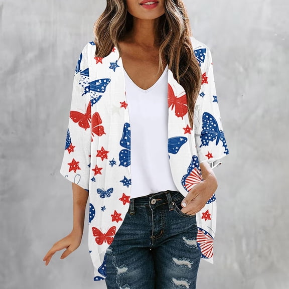 Xdegoge Patriotic 4th of July Kimono Cardigan for Women Red White and Blue Butterfly Graphic Open Front Lightweight Summer Beach Cover Up Independence Day Party Tops