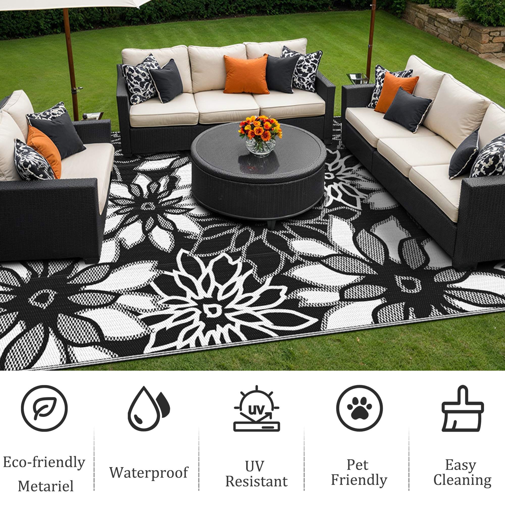KUETH 5'x 8' Outdoor Waterproof Rug Plastic Floral Mat Easy cleaning Durable Fashion Recyclable Material