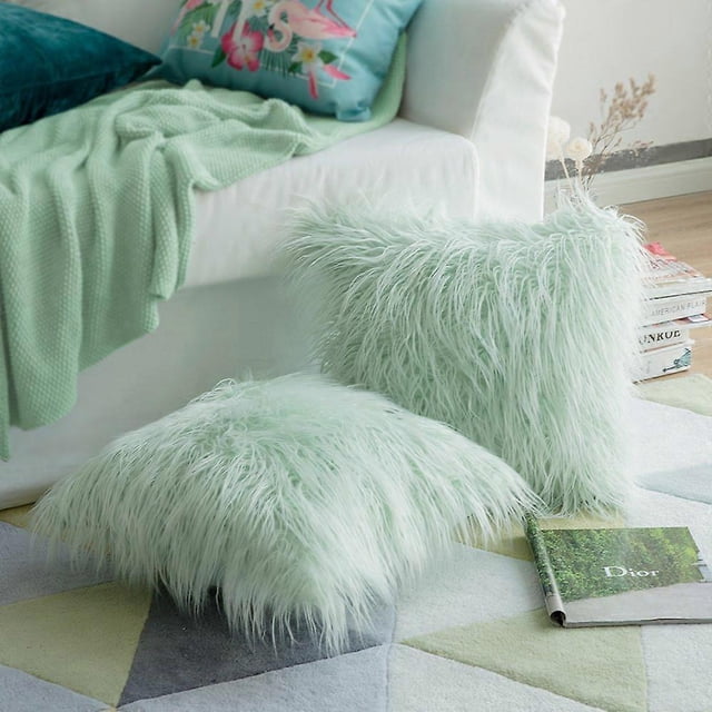 SZTXJ Set of 2 Faux Fur Cushion Covers Luxury Cushion Covers Soft Decorative Pillow Case Fuzzy Cushion Covers for Bed/Sofa, Green 18 x 18 Inches