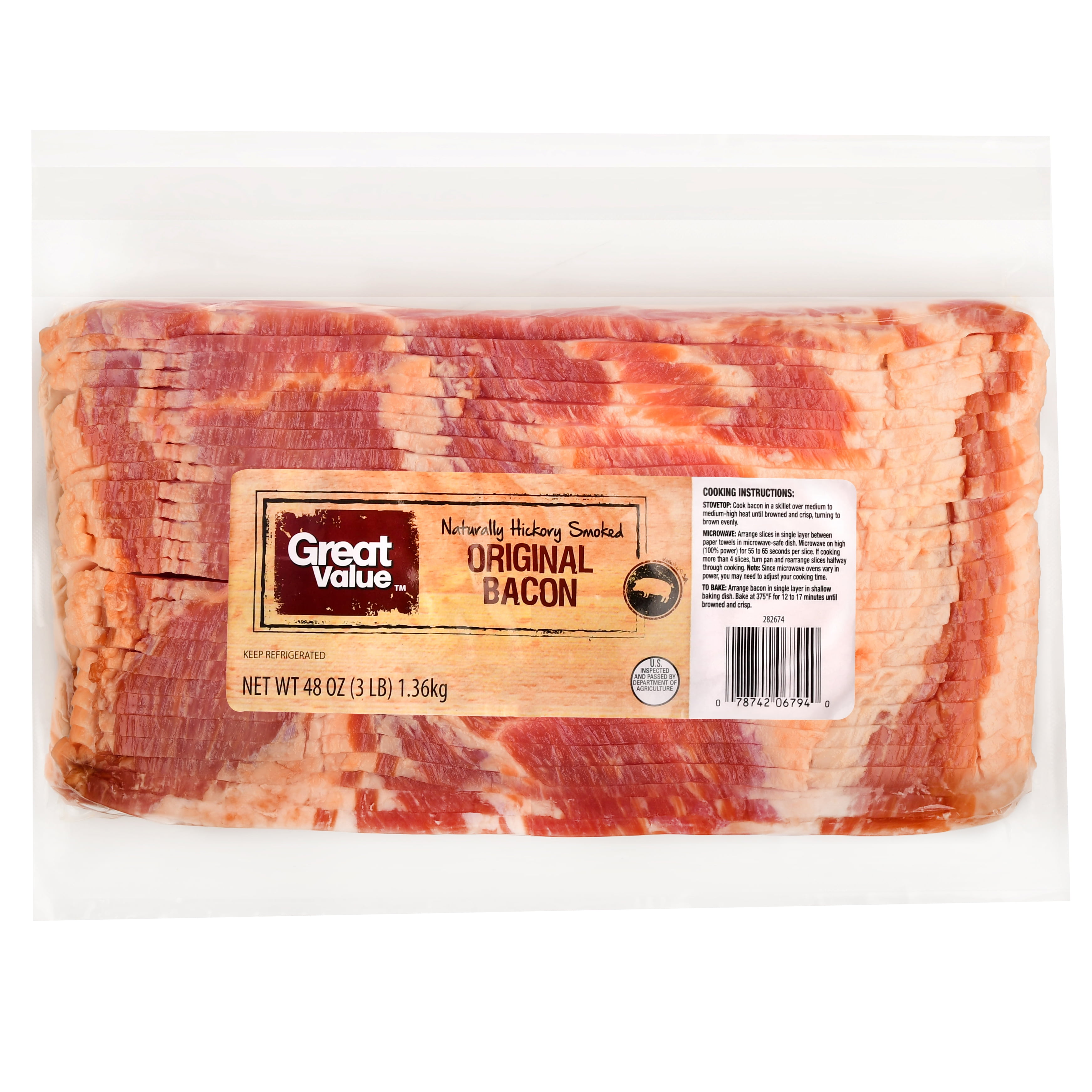 Great Value Original Naturally Hickory Smoked Bacon, 48 Oz.