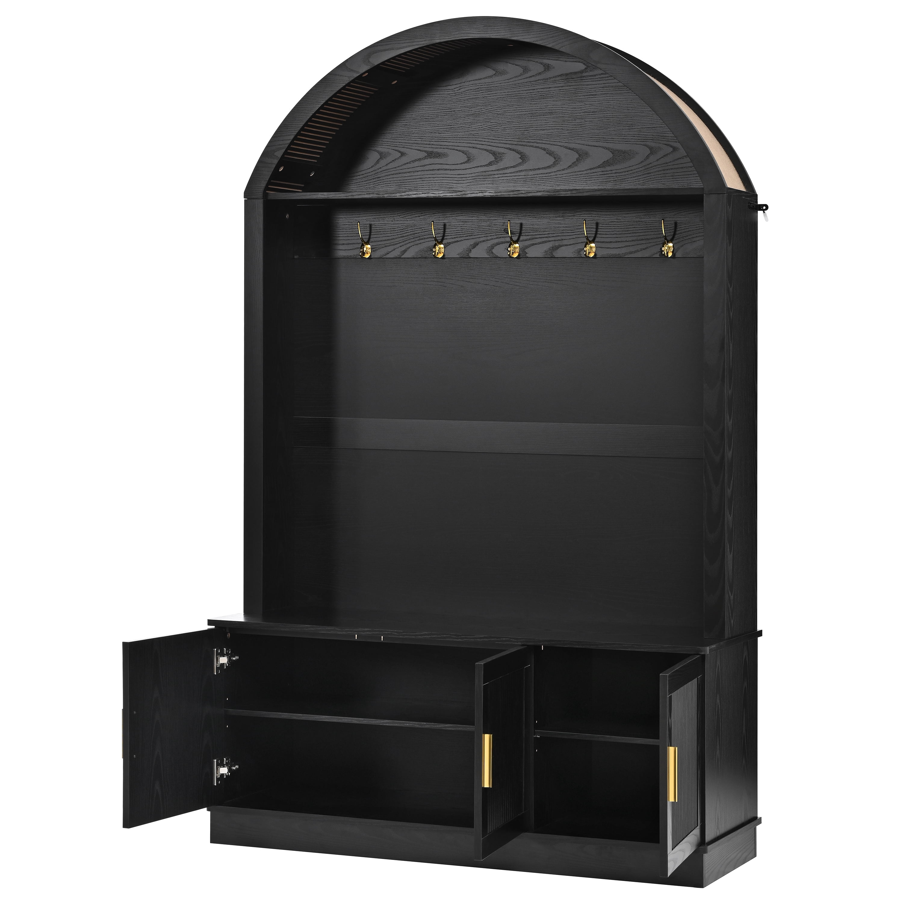 Aukfa Arched Wood Hall Tree,3-in-1 Entryway Organizer Cabinet with Fluted Storage Bench & Coat Rack,Black