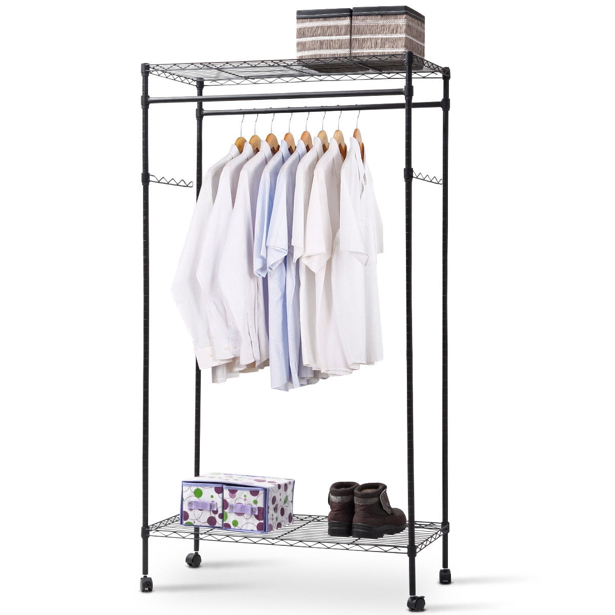 Rolling Closet Organizer Brown Clothing Garment Rack 2-in-1 Coat Rack Rolling Garment Rack Height Adjustable with 2 Storage Baskets,Lockable Wheels