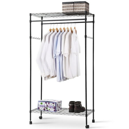 Costway Garment Rack Double Hanging Clothes Rail Rolling Adjustable Rod Portable Shelf