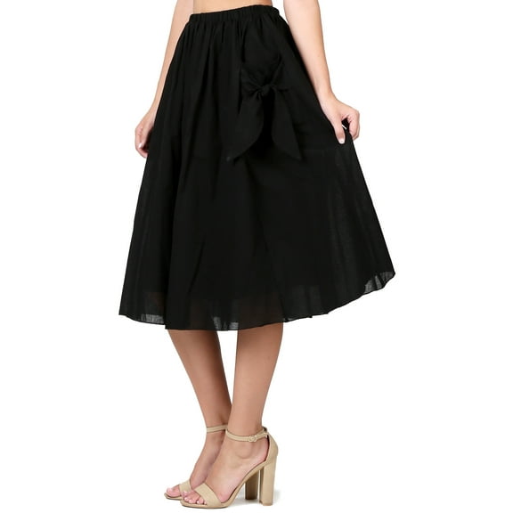 Evanese Women's Cotton Knee Length A Line Skirt with Front Pockets with Ribbon