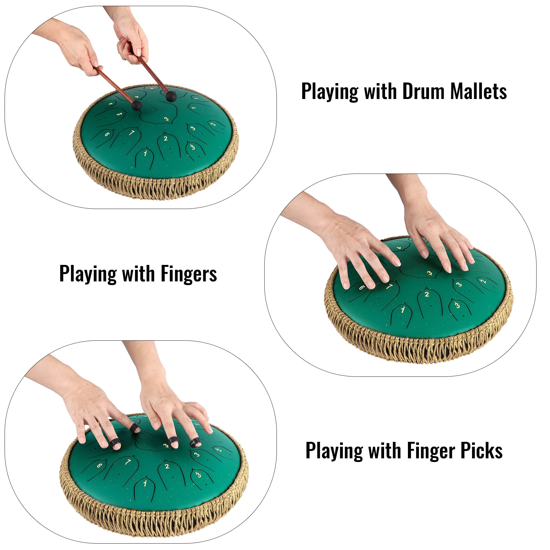 Steel Tongue Drum-14" 15 Note Tongue Pan Drums for Adults, D Major, Carry Bag, Green