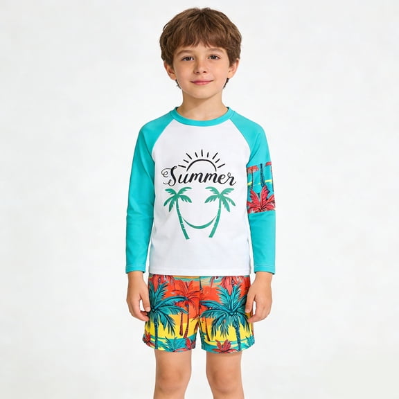 Boys Two Piece Rash Guard Swimsuits Set with Swim Trunk Kids Long Sleeve Bathing Suit Swimwear Set Green Size 6-7 Years