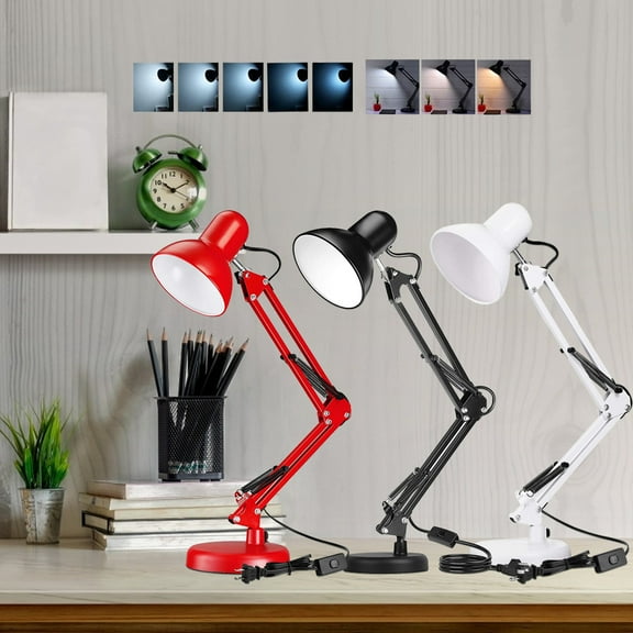 Metal Swing Arm Desk Lamp, Adjustable Goose Neck Study Table Lamp, Multi-Joint, Adjustable Arm, White