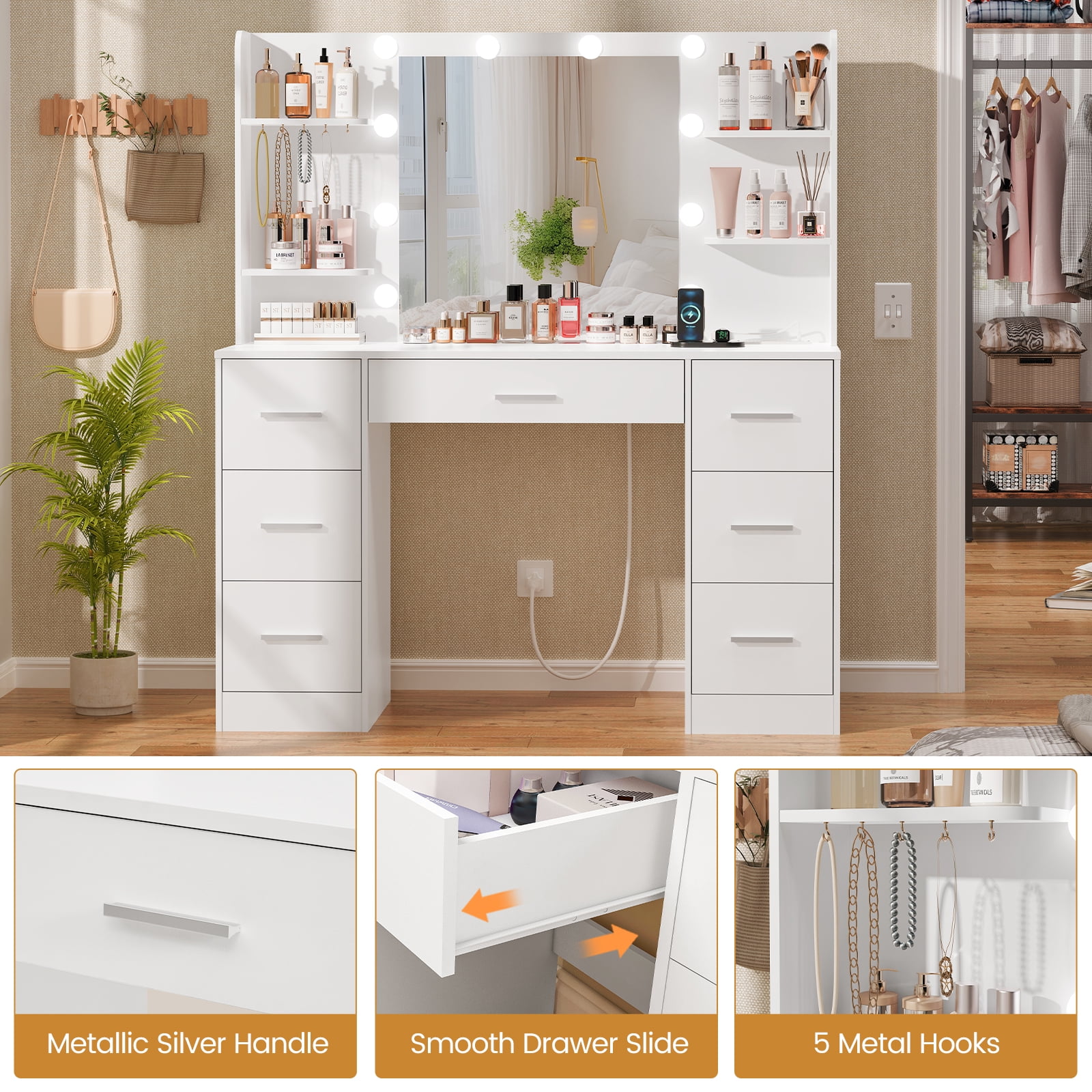 TEENFON Large Vanity Set with Mirror and Power Outlet, Makeup Vanity Desk with 7 Drawers, 4 Shelves and 5 Hooks,Vanity Table for Bedroom, White