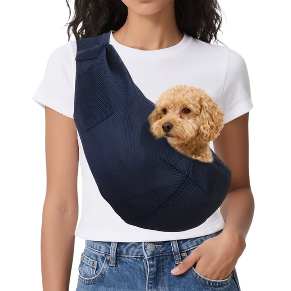 Uxcell Dog Sling Carrier for Small Dogs and Cats Up to 16.5 Lbs, Breathable Mesh with Pocket Pet Sling Carrier Safety Harness, (Dark Blue, 1 Pcs) Intended for Outdoor / Camp / Travel