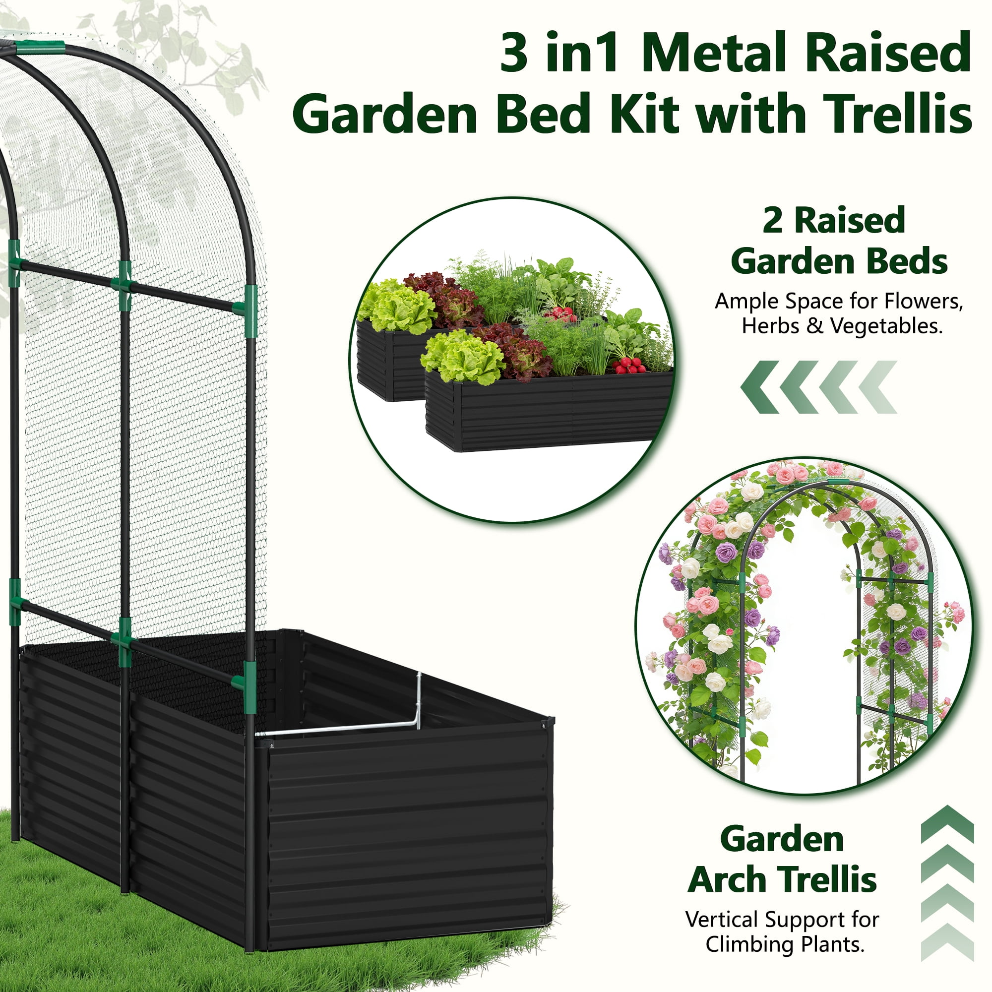 FOOWIN 3 in 1 Galvanized Raised Garden Bed with Trellis, Outdoor Metal Planter Box for Vegetables & Flowers, 269 Gallon Capacity, Black