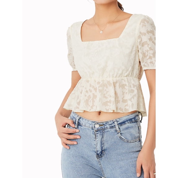Lovito Elegant Plain Ruffle Hem Puff SleeveLightweight And Breathable Blouses