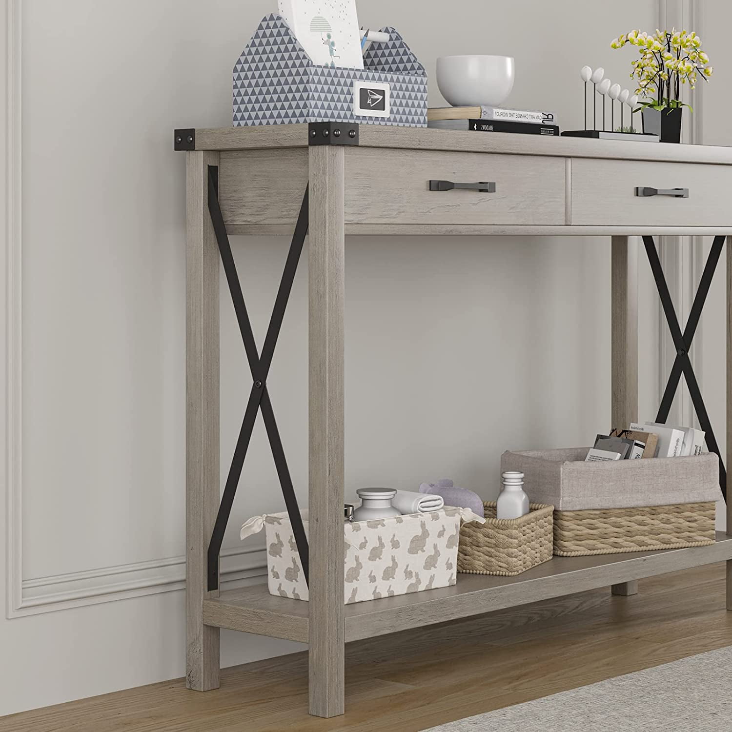 2 Tier Wooden Console Table with Storage Drawers,  Console Table for Entryway, Living Room, Hallway
