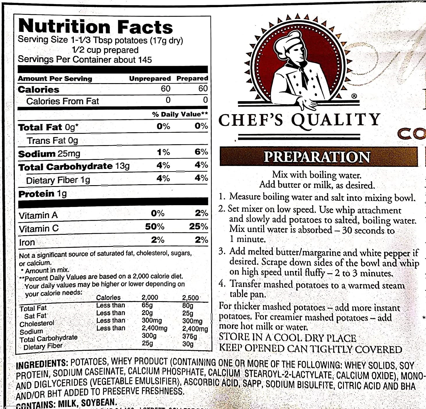 Chef's Quality Mashed Potatoes Complete Instant | Kosher | 5.5 Lb