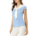 thumbnail image 4 of INSPIRE CHIC Women's Pleated Front V Tie Neck Cap Sleeve Work Office Tops Blue S, 4 of 5