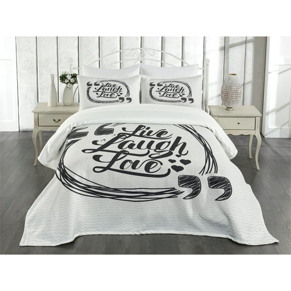 Ambesonne Live Laugh Love Quilted Bedspread Set 3 Pcs, Happy Lifestyle, Queen Size, Pearl and Dark Grey