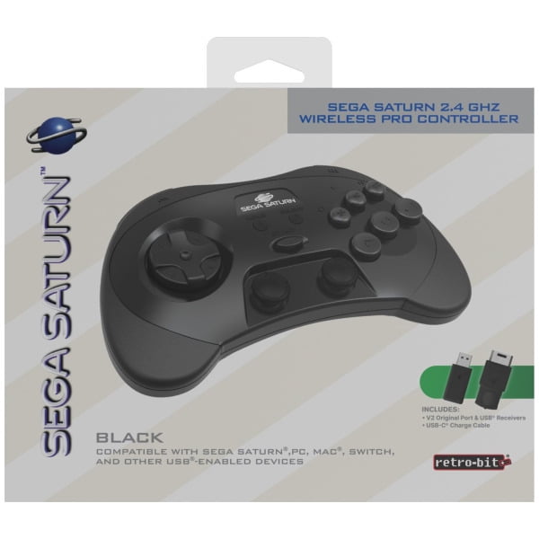 Manette Analogique Pro Sans Fil Noire 2,4 GHz Sega Saturn par Retro-Bit, compatible avec Sega Saturn, Nintendo Switch et les Appareils Compatibles USB. Idéale pour les Amateurs de Jeux Rétro, avec une Conception Ergonomique, des Commandes Analogiques Réactives et Plusieurs Boutons. Inclut des Récepteurs USB et un Câble de Chargement.