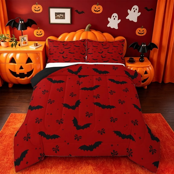 Homewish Simple Halloween Bat Full Size Comforter Sets,Tiny Bow Print Bedding Comforter Set,Red Black,Black Reversible,3pcs,1 Comforter and 2 Pillowcases