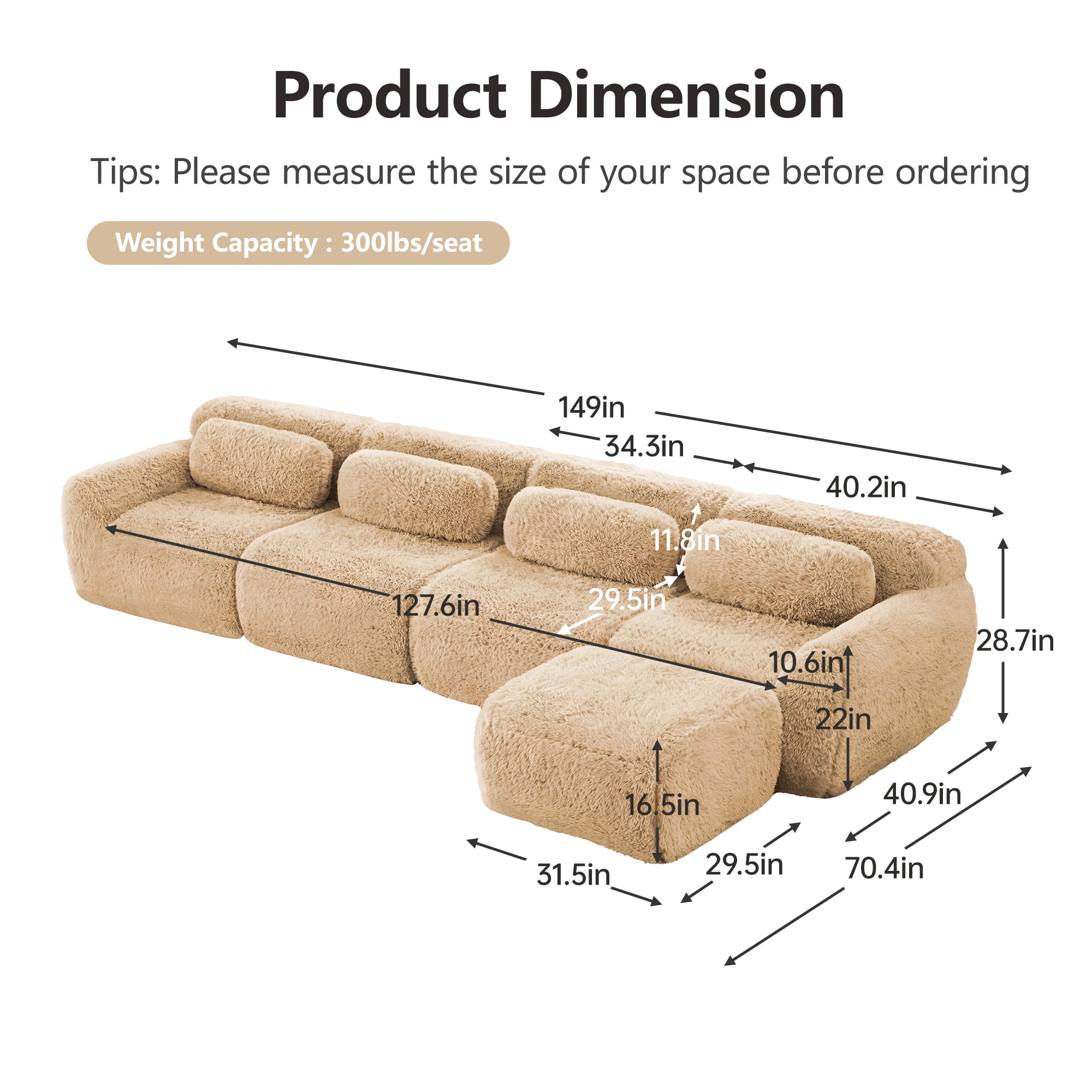 Wakefit 149" Modular Sectional Sofa, Boneless Couche 4 Seater Deep Seat Compressed Sofa, No Assembly Required, Soft Fluffy Plush Fabric, Cloud Comfy Sofa Set with 1 Ottoman, Light Khaki