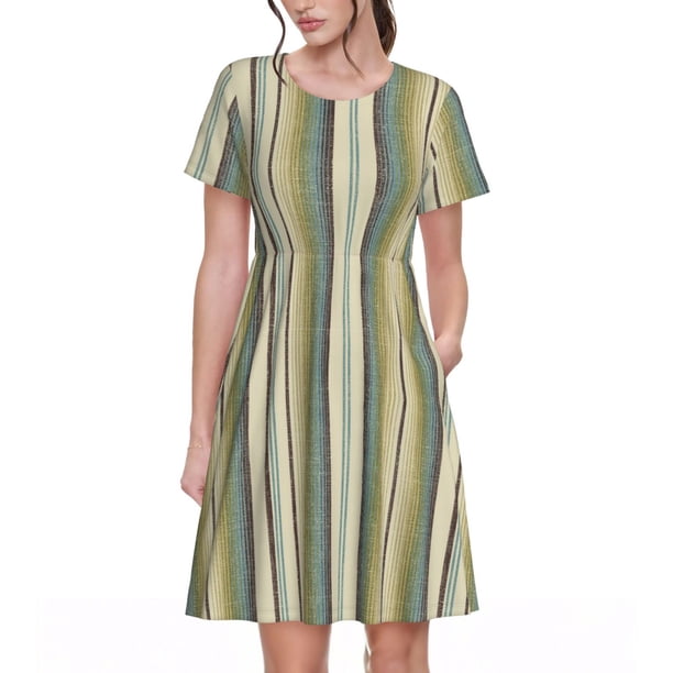 Balery Colourful stripes Vestidos sueltos de manga corta para mujer, vestidos de verano 2025, vestidos casuales de corte A con vuelo.