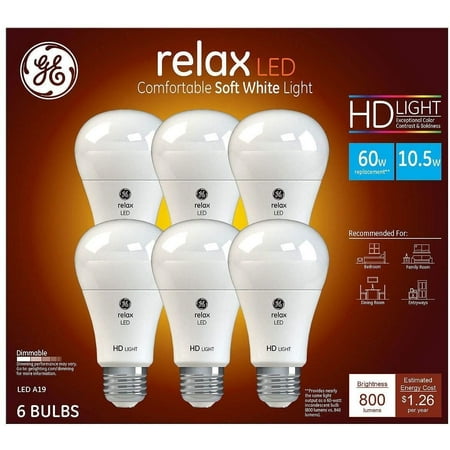 GE Relax High Definition LED Light Bulb 10.5-watt 2700K Comfortable Soft White 800-Lumens 6-Pack 60-watt Replacement Dimmable