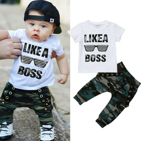2PCS Toddler Baby Boys Hip Hop Tops T-shirt Camo Pants Outfits Set Clothes