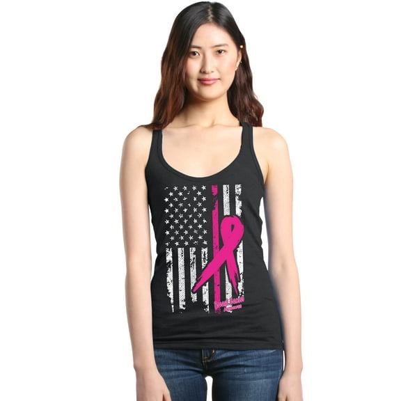 Shop4Ever Women's Pink Breast Cancer Ribbon American Flag Racerback Tank Top Small Black
