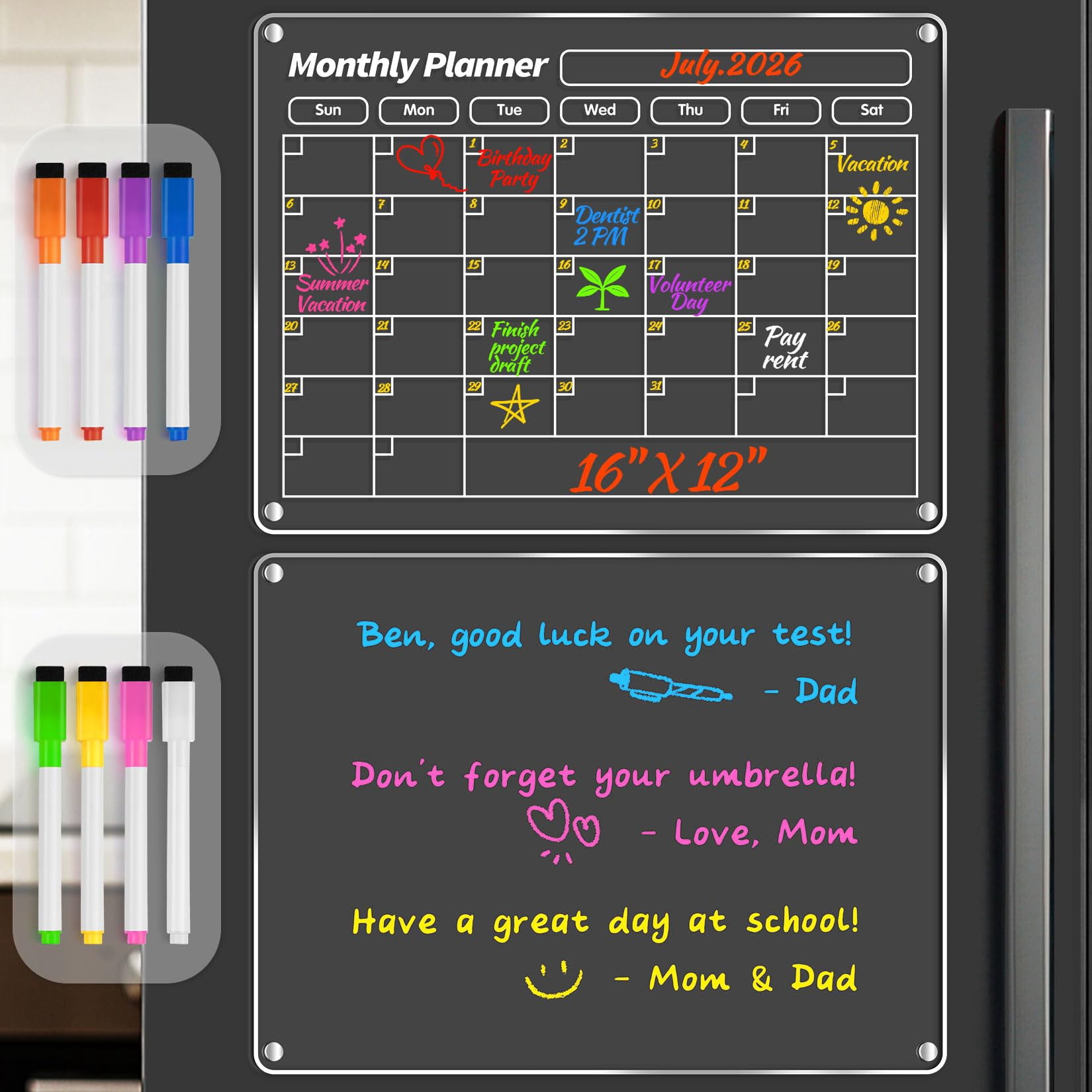 Magnetic Dry Erase Board Calendar For Refrigerator  Whiteboard Fridge 16"x12" Monthly With 8 Colorful Highlight Markers