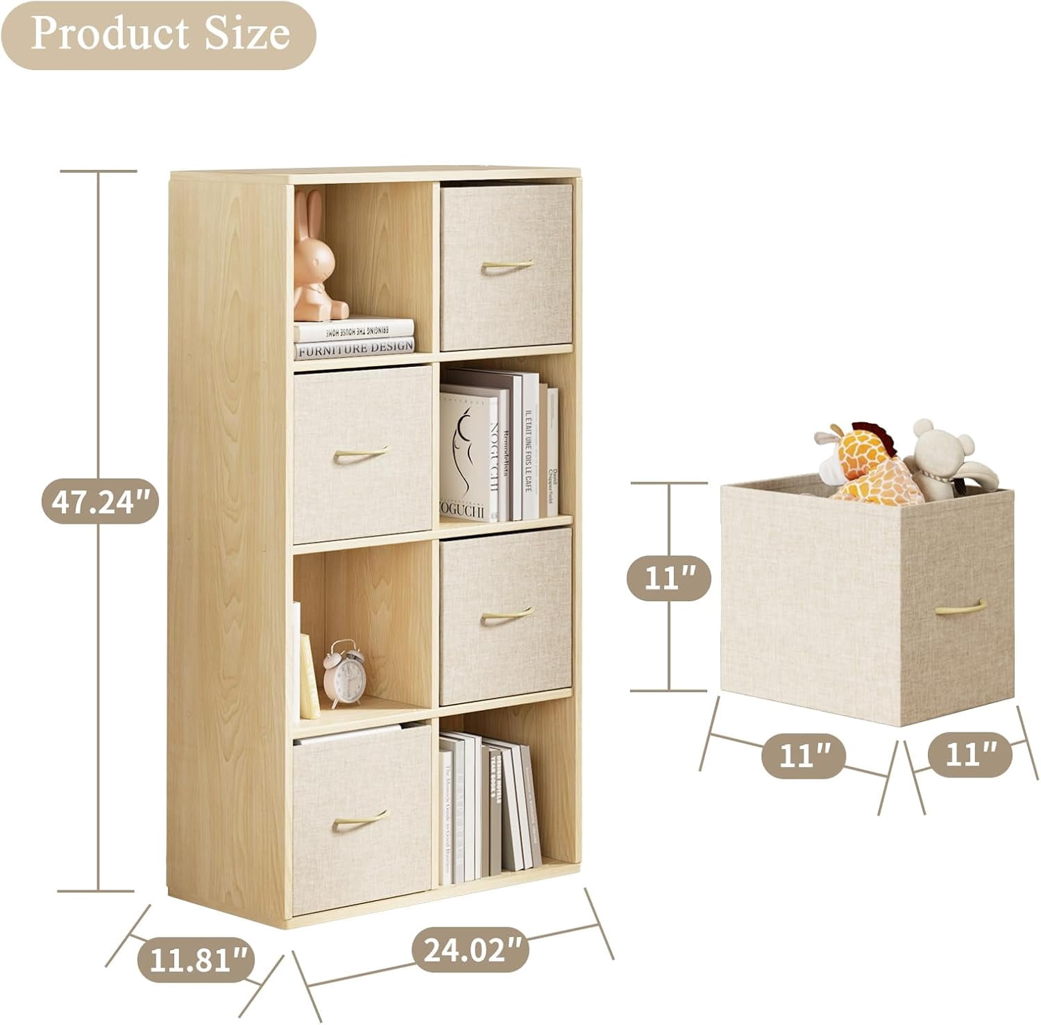 4 Cube Storage Organizer - Solid Wood Bookshelf with 2 Storage Bins, Cube Shelf with 2 Removable Back Panels, Vertical or Horizontal Bookcase, Open Book Shelf for Bedroom, Living Room, Office