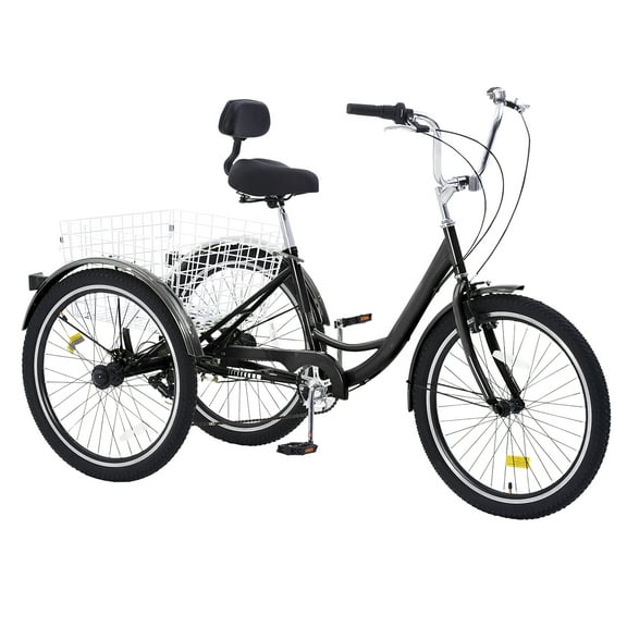 KFFKFF Adult Tricycles 7 Speed 20/24/26 Inch, Cruiser Trike with Carbon Steel Frame, Carrying Basket & Adjust Seat, Ideal for Picnic & Shopping, Suitable for Seniors, Women, Men - 20" Black