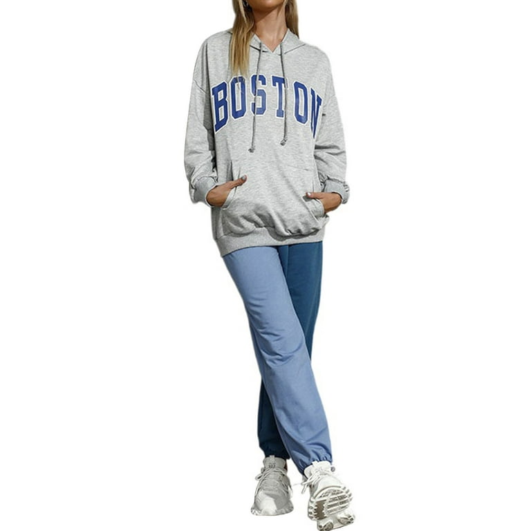 Boston Letter Print Solid Pullover, Crew Neck Long Sleeve Casual