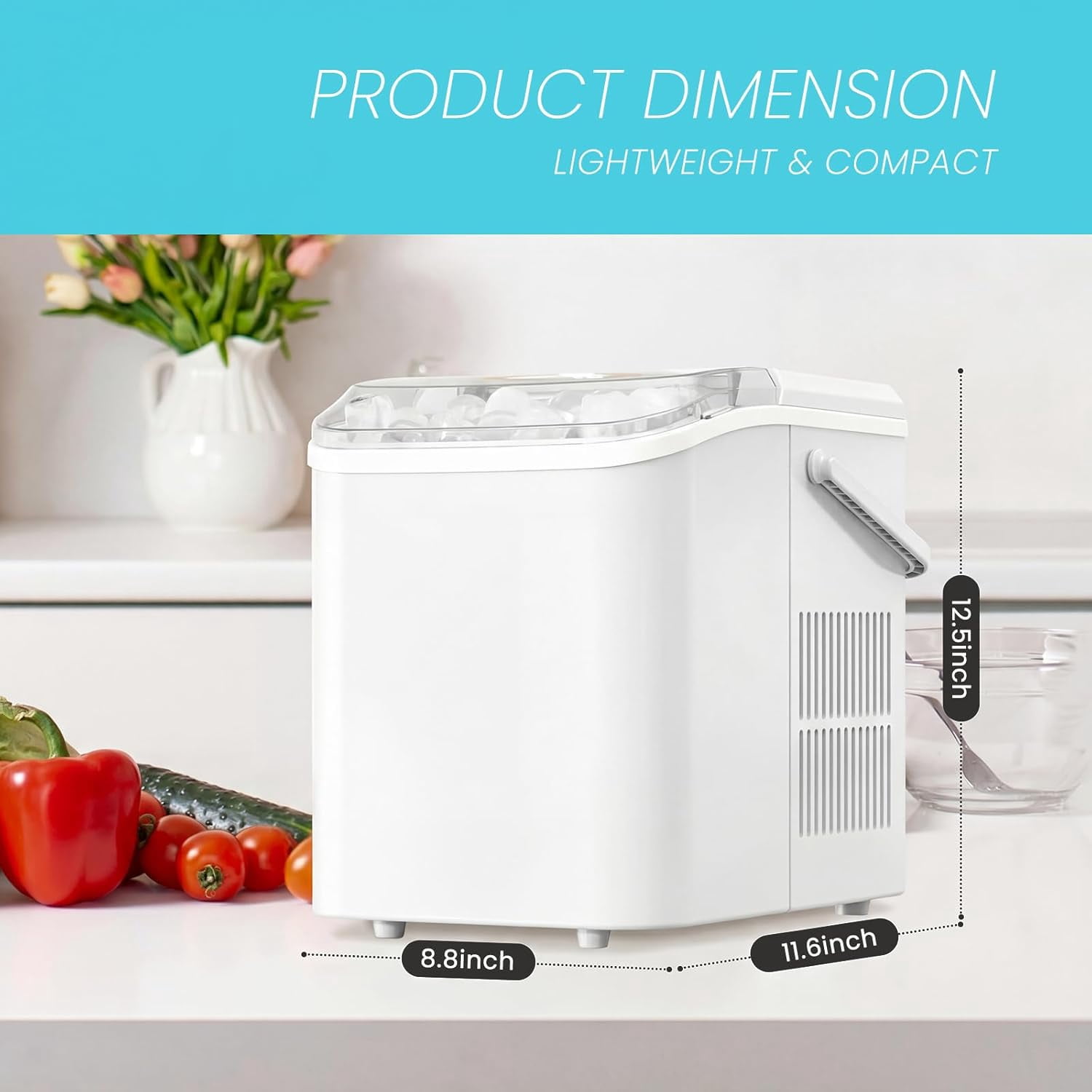 Portable Ice Maker Countertop, 6-Minute 9-Bullet Ice Machine with Auto Clean, 26lbs Daily, Includes Basket and Scoop for Home Kitchen RV Camping in White