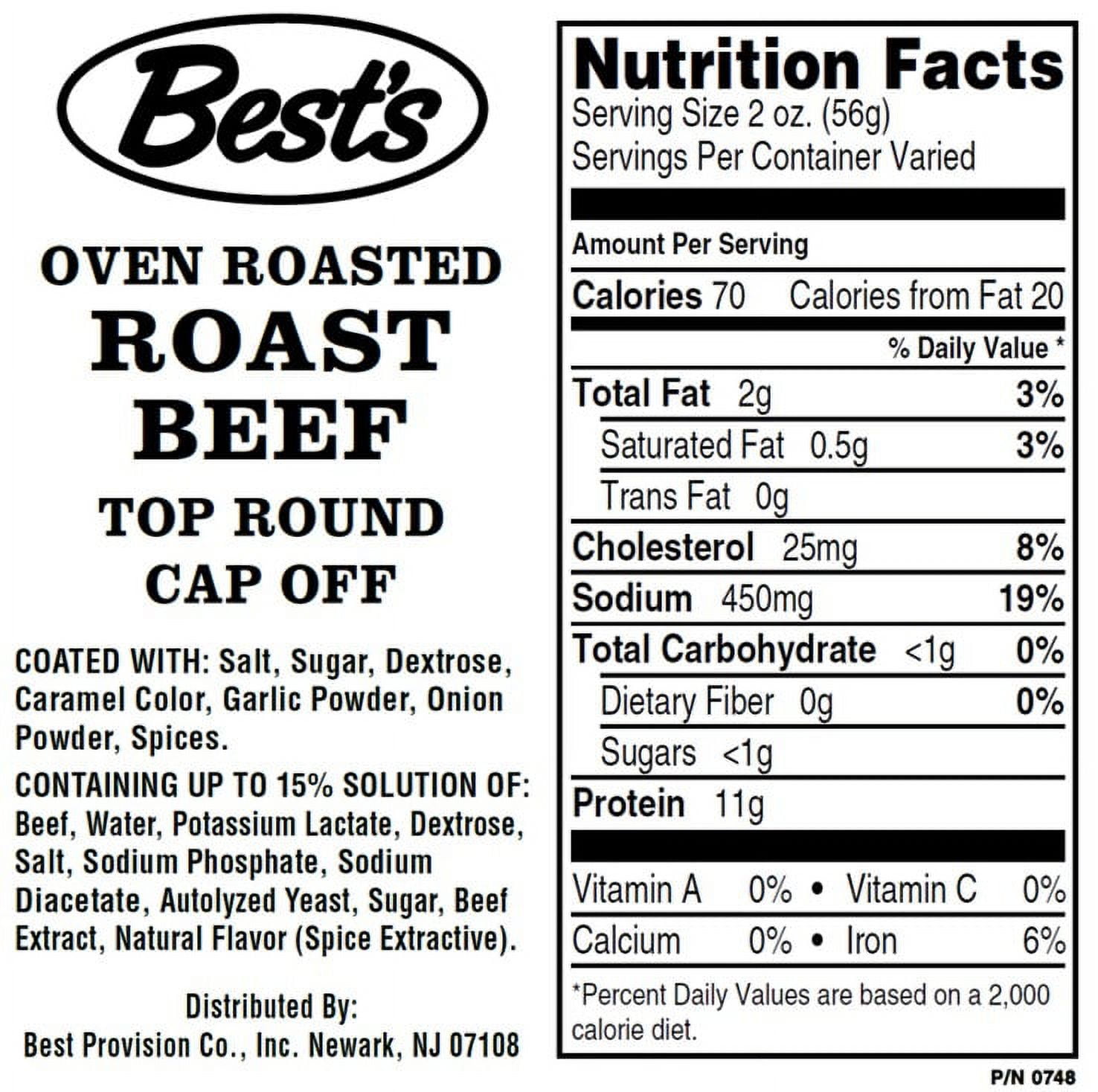 Best's Oven-Roasted Top Round Cap-off Roast Beef, Deli Sliced (Plastic Bag), 2 OZ (56 g), 11g Protein Per Serving