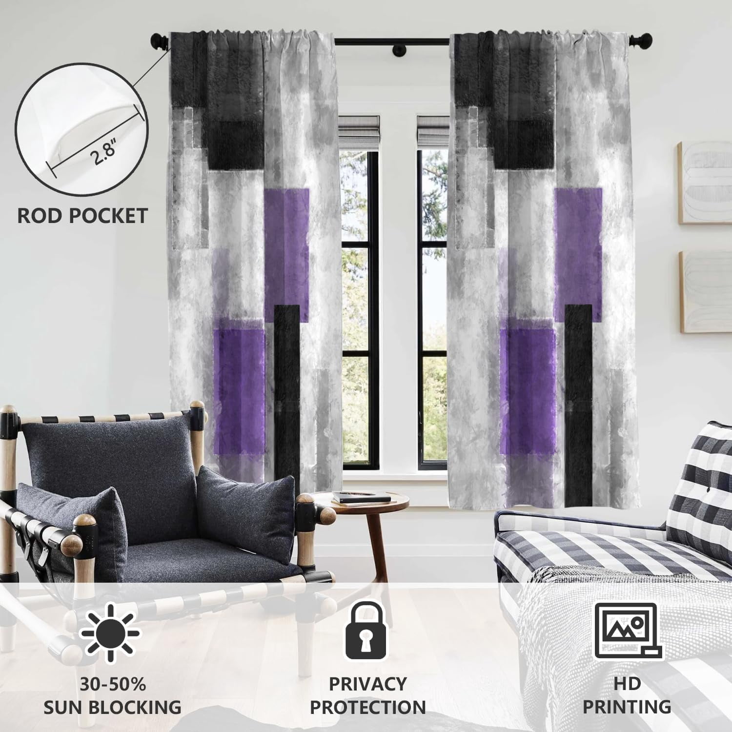 Purple Window Curtain Black and White Grey Gray Lavender Plum Modern Abstract Lilac Silver Ombre Living Room Bedroom Rod Pocket Drapes Treatment Fabric 1 Pair Home Decor, 42" W x 63" L, Dark