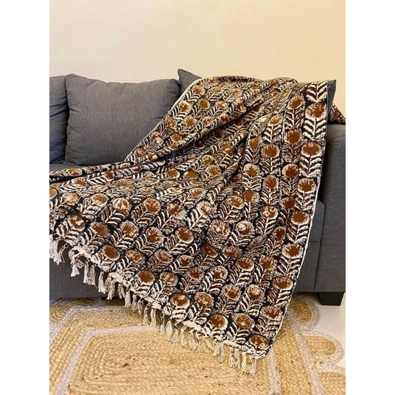 Hand Block Printed Brown Cotton Throw Blanket 50" x 70"