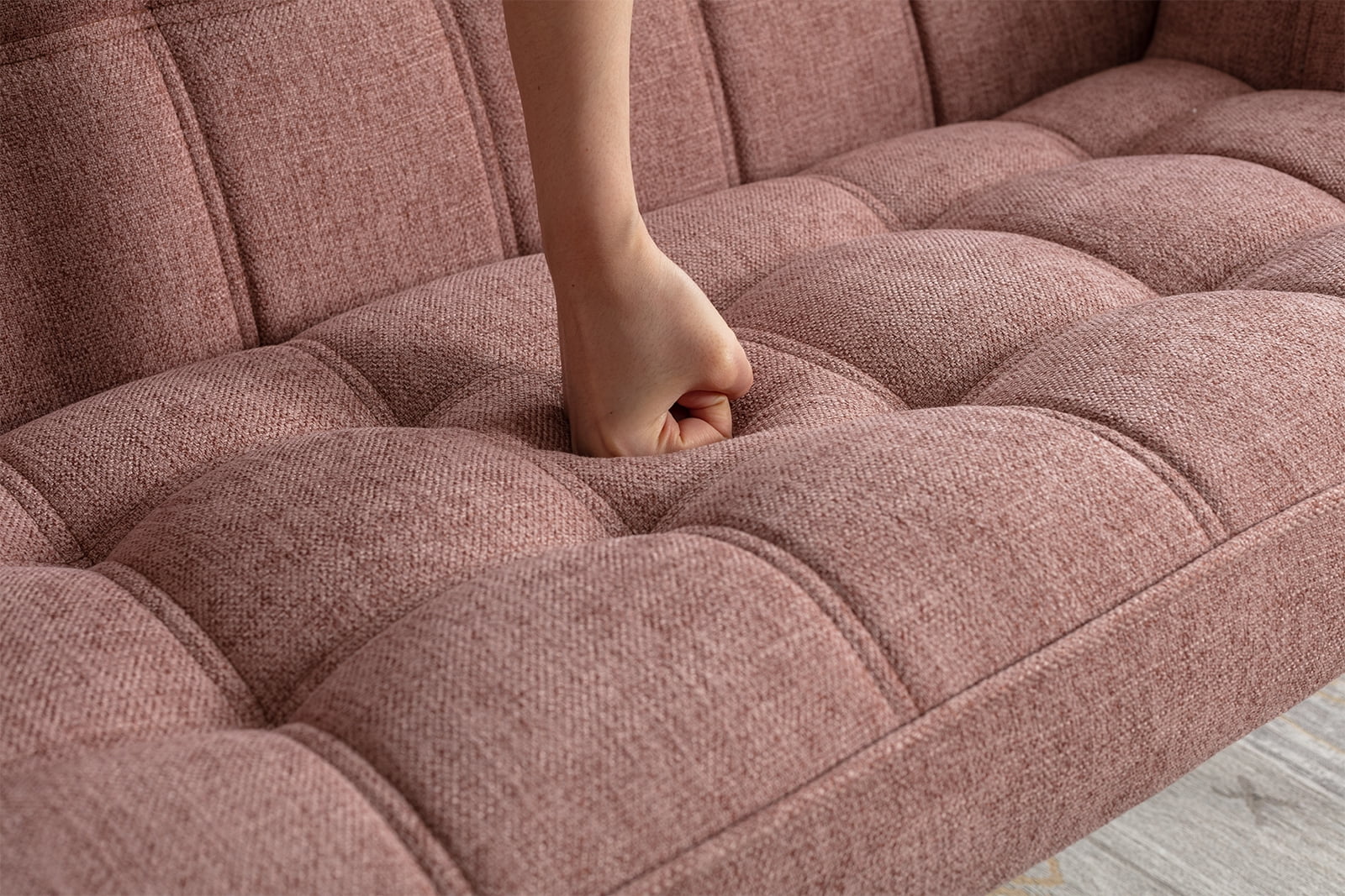 Guyou Small Loveseat Sofa, Modern Linen 2-Seater Mini Sofa Couch with Quilted Back and Armrests, Cute Accent Chair with Wooden Legs for Living Room Bedroom Apartment, Pink