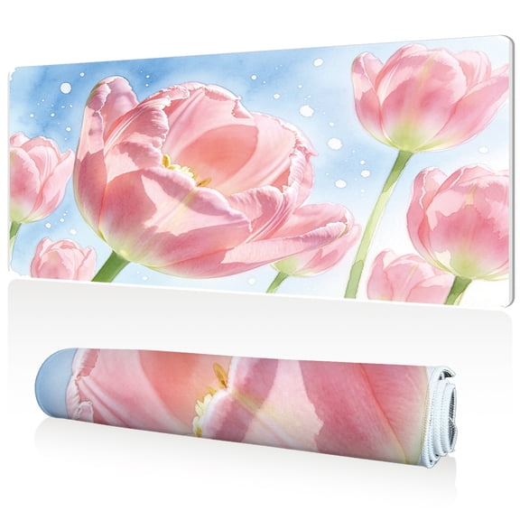 LIVEKEY Extra Large Mouse Pad 80x40x0.3cm Pink Tulips Pattern Full Desk Coverage Non Slip Surface Durable Easy Clean Stitched Edges for Gaming and Office