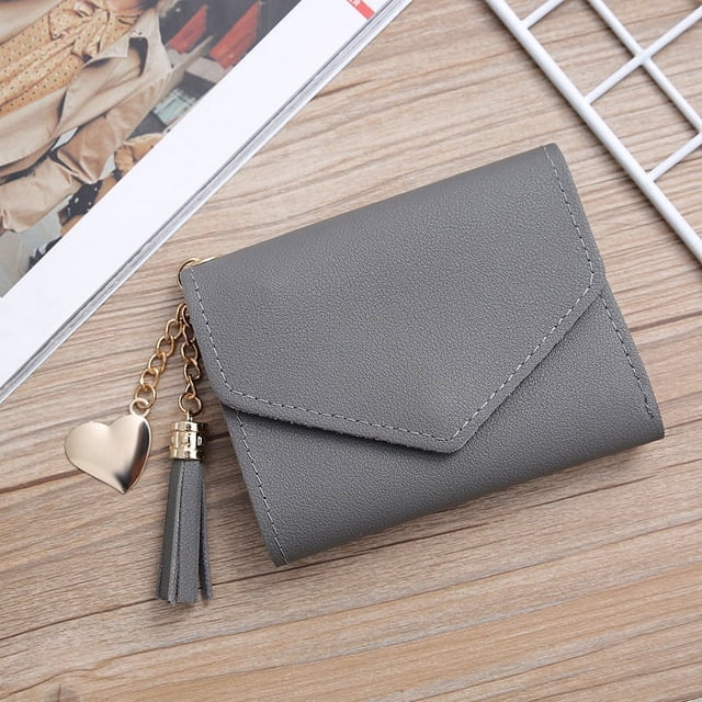 Cartera de mujer con borlas cortas de estilo coreano, tarjetero, billetera de estudiante, bolso con hebilla y colgante de amor, bolso pequeño multicolor
