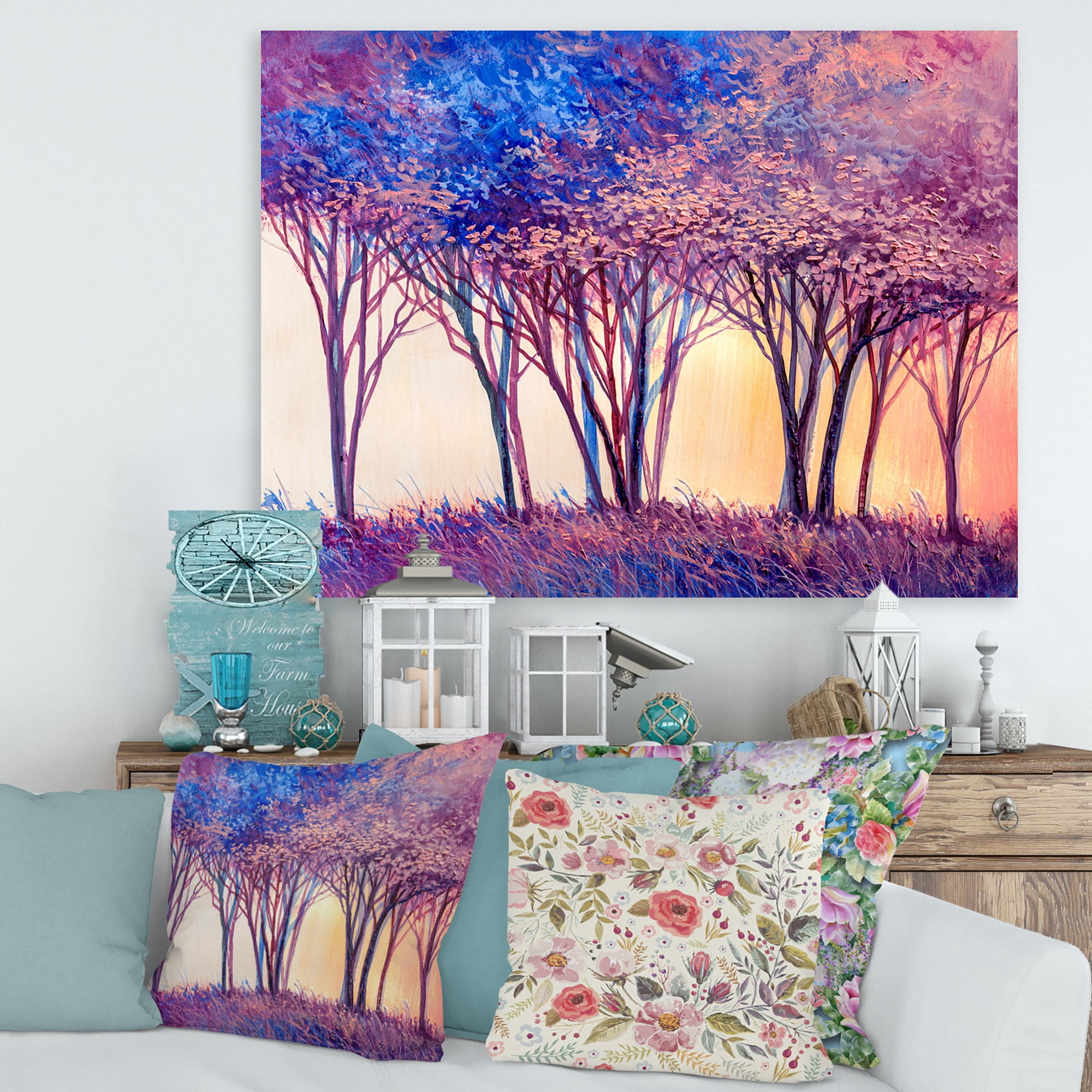 Designart ' Colorful Blue Trees Abstract Forest Landscape ' Modern Canvas Wall Art Print