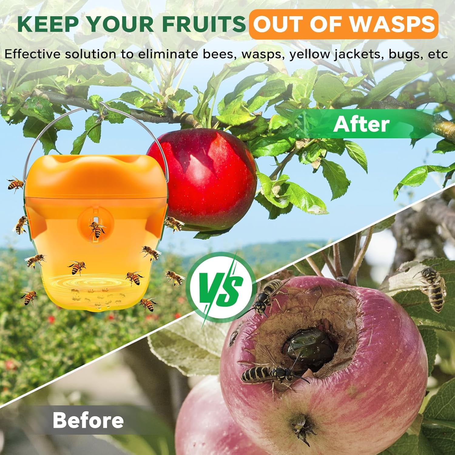 2 PACK Wasp Trap, Solar Wasp Traps Hanging, Reusable Yellow Jacket Bee Traps for Outside with LED Light, Hornet Trap for Orchard, Farm, Garden, Patio, Courtyard (Yellow)