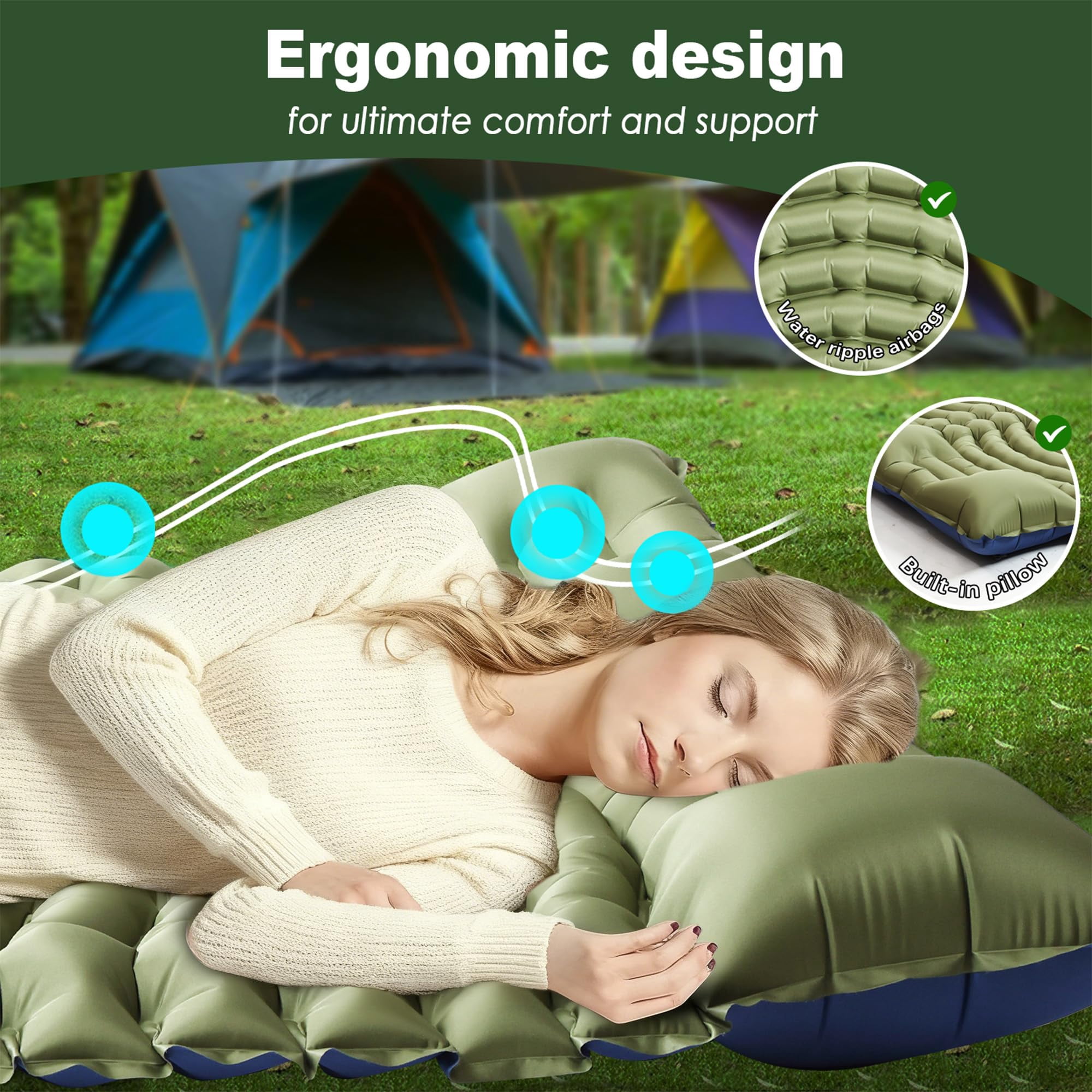 Double Sleeping Pad For Camping - Ultralight Mattress With Pillow  Built-in Foot Pump Compact Inflatable 2-person Portable Mat Backpacking Hiking Car Traveling Beach Tent