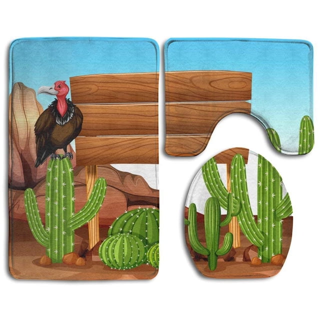 Letrero de madera ABPHQTO Cactus y Buitre Juego de alfombras de baño 3 piezas