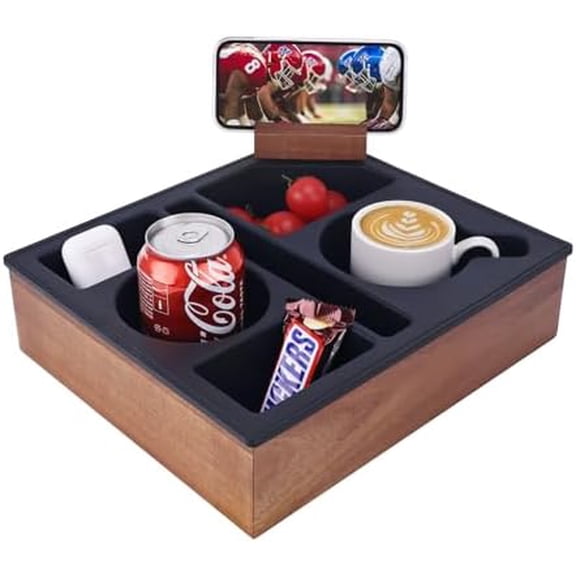 Couch Cup Holder Tray, Silicone Acacia Wooden Couch Caddy with Cup Holder for Bed Car Beach, Drink Holder for Couch with Upgrade Removable 360° Rotating Holder Black