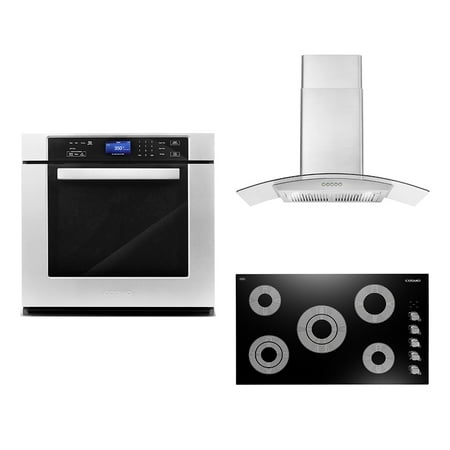 Cosmo 3 Piece Kitchen Appliance Package With 36  Electric Cooktop 36  Wall Mount Range Hood 30  Single Electric Wall Oven Kitchen Appliance Bundles