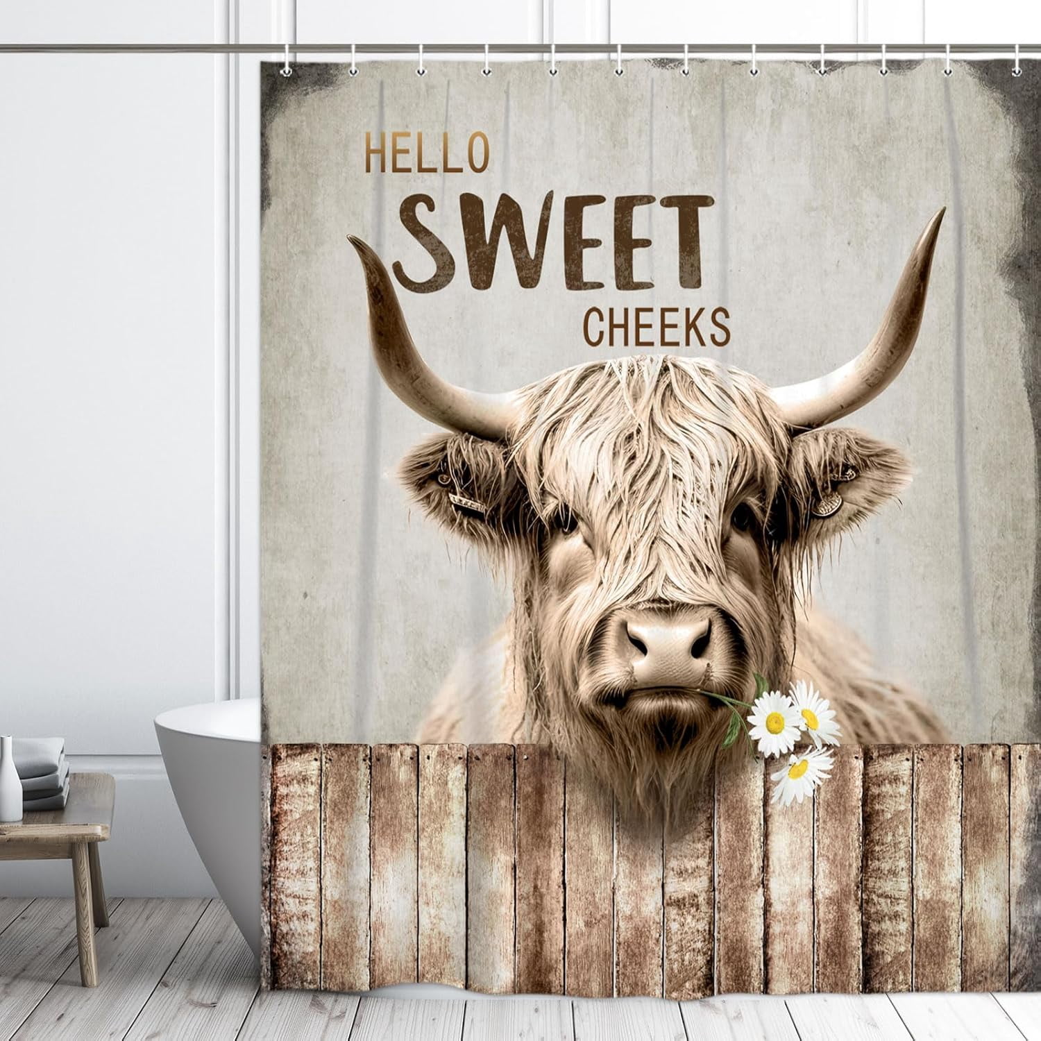 Highland Cattle Cow Bull Shower Curtains,Farmhouse Animal Rustic Country Shower Curtain for Bathroom,Western West Fabric Shower Curtain Set with Hooks Bath Decoration 72X84inches