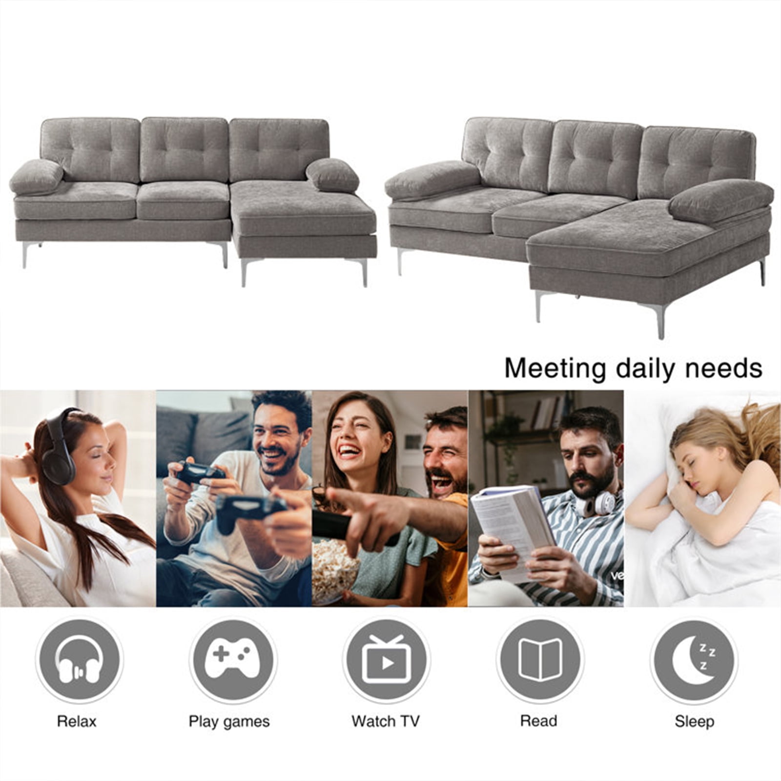 INGALIK Convertible Sectional Sofa Couch, L-Shaped Couch with Reversible Chaise Lounge, Chenille Fabric Modern Sofa for Living Room, Apartment, Office, 3 Seats, Gray