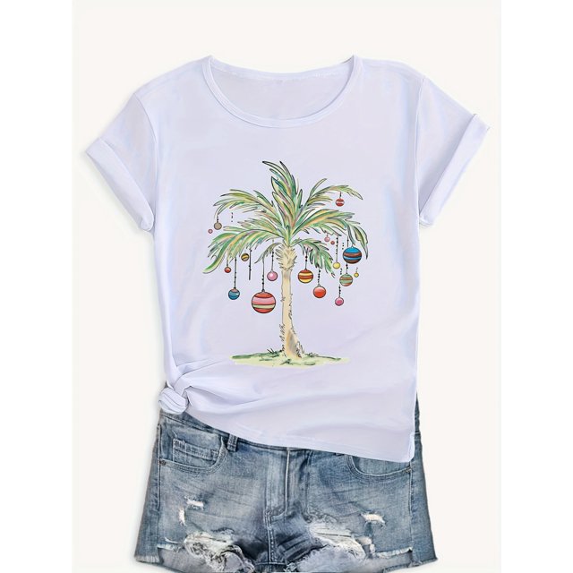 Loose Fit Women's Christmas Palm Tree T-Shirt, Festive Holiday Casual Summer Tee