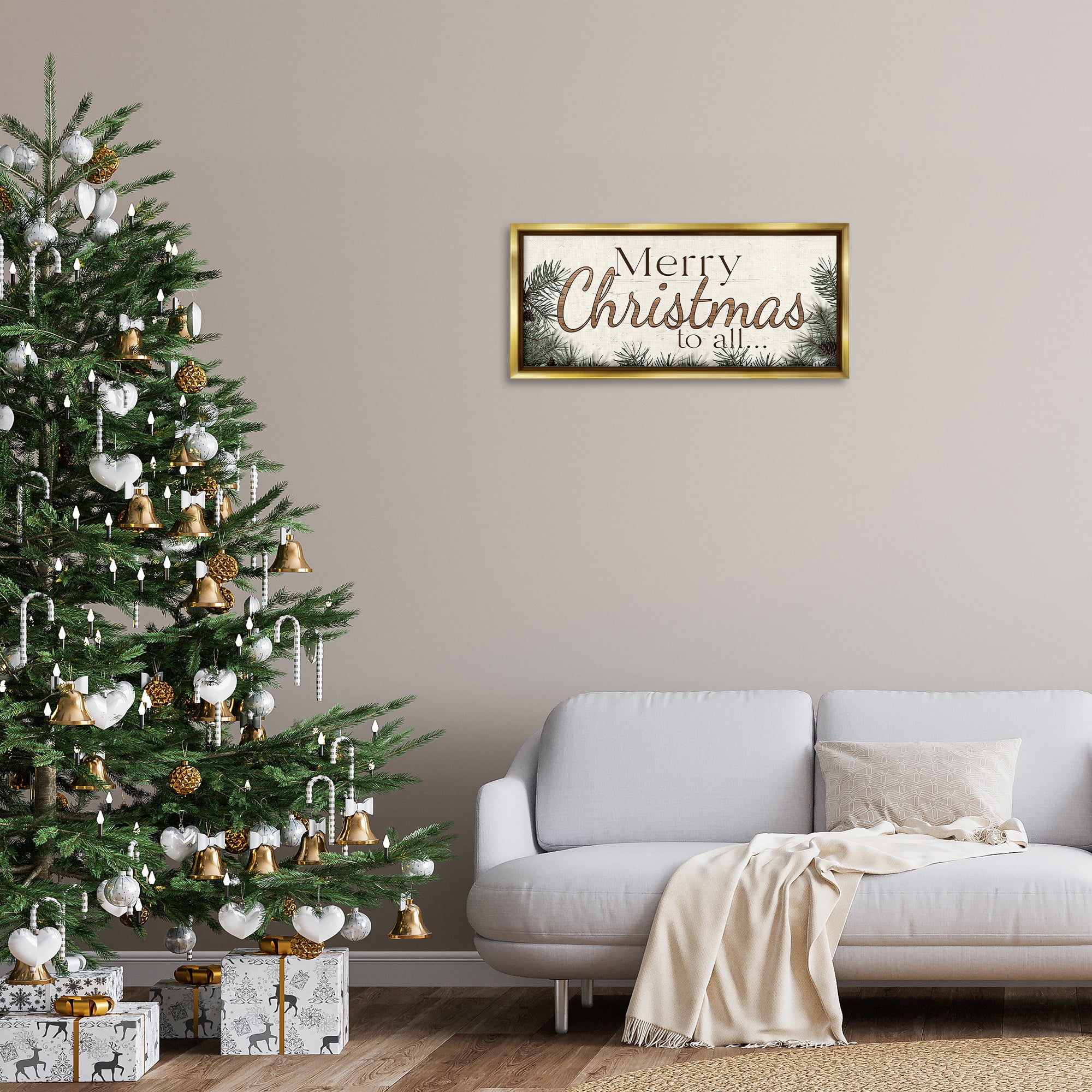 Stupell Industries Woodland Christmas Typography Holiday Painting Gold Floater Framed Canvas Art Print Wall Art, 31 x 14