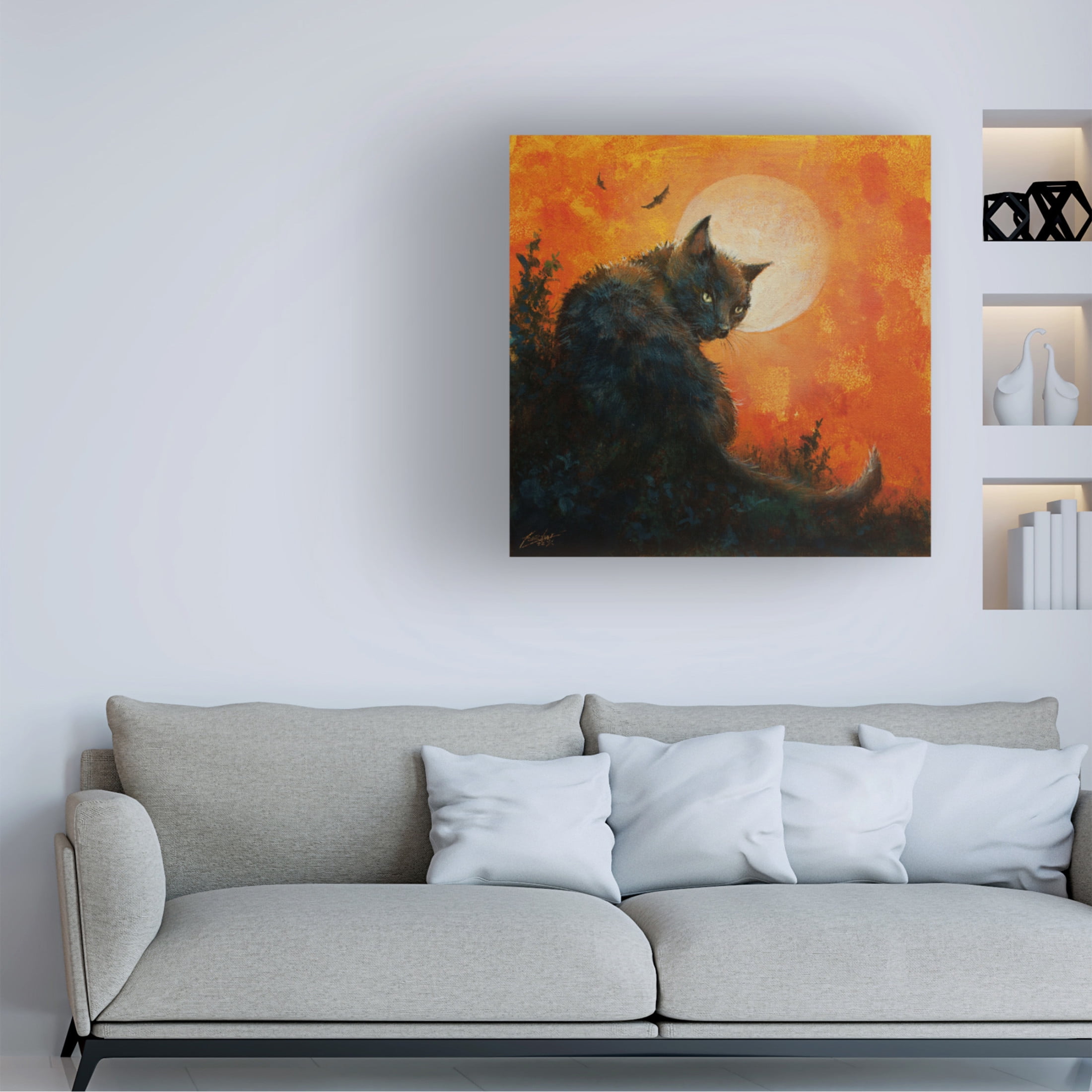 Canvas Wall Art - John Silver 'W1065 Cat and Moon (L)' Wall Art for Living Room, Bedroom, or Office Décor by Trademark Fine Art - 24 x 24 Inches