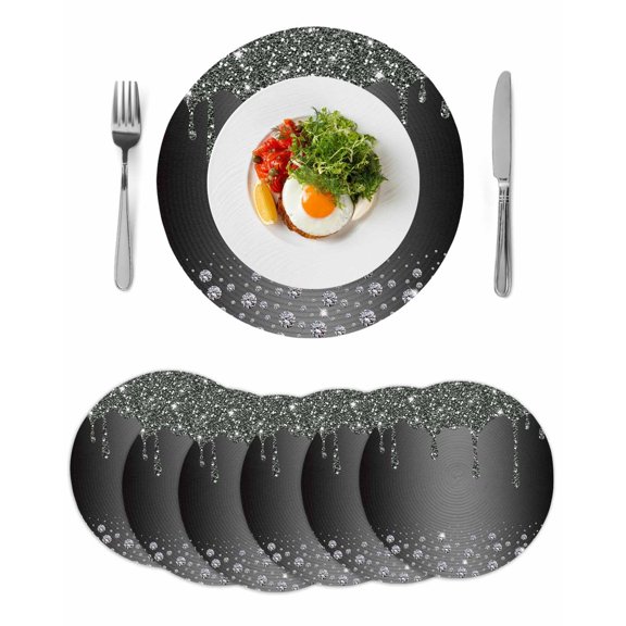 Black Grey Round 15 Inch Placemats Set of 6, Modern Abstract Diamond Luxury Gradient HeatResistant Non Slip Place Mats for Dining Table, Wipeable Braided Kitchen Table Mats for Housewarming
